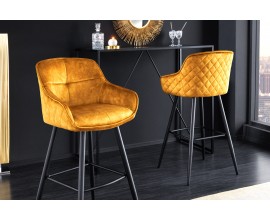 Designová industriální barová židle Rufus se žlutým čalouněním a černou konstrukcí z kovu 100cm