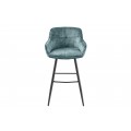 Designová glamour barová židle Rufus v modrozeleném provedení se sametovým potahem a černými kovovými nohami