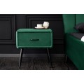 Designový retro noční stolek Alva obdélníkového tvaru se zeleným sametovým potahem se zásuvkou