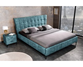 Designová chesterfield manželská postel Velouria petrolejové modré barvy s prošívaným čelem 160x200cm
