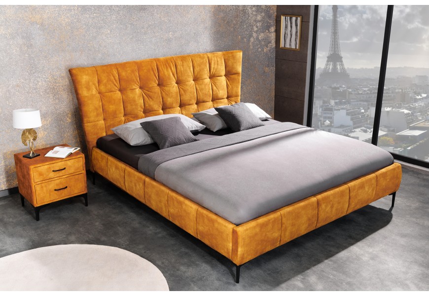 Stylová moderní manželská postel Velouria ve žlutém provedení ze sametu