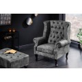Chesterfield vintage křeslo Marlon s &scaron;ed&yacute;m sametov&yacute;m čalouněn&iacute;m a tmavě hněd&yacute;mi masivn&iacute;mi nožičkami 105cm