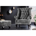 Chesterfield vintage křeslo Marlon s &scaron;ed&yacute;m sametov&yacute;m čalouněn&iacute;m a tmavě hněd&yacute;mi masivn&iacute;mi nožičkami 105cm