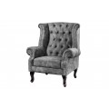 Chesterfield vintage křeslo Marlon s &scaron;ed&yacute;m sametov&yacute;m čalouněn&iacute;m a tmavě hněd&yacute;mi masivn&iacute;mi nožičkami 105cm