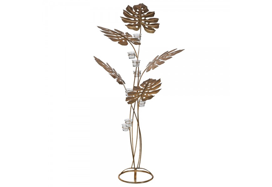 Zlatý art-deco svícen Wenis s tropickými listy z kovu