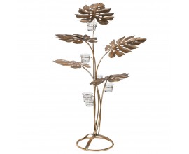 Zlatý art-deco kovový svícen s tropickými listy a skleněnými držáky