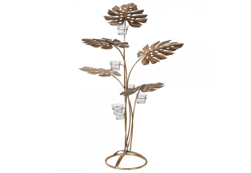 Zlatý art-deco kovový svícen s tropickými listy a skleněnými držáky