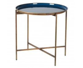 Art deco příruční stolek Eedie kruhového tvaru se zlatou kovovou konstrukcí a modrou glazurou 52cm