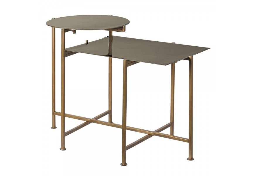 Art deco zlatý dvojitý příruční stolek Elve kulatého a obdélníkového tvaru z kovu s lesklou glazurou