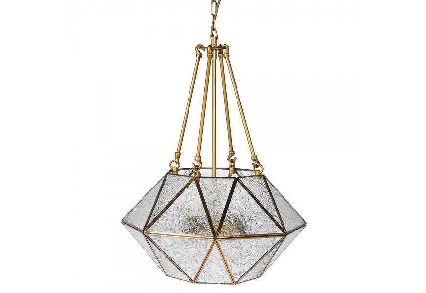 Designová art deco závěsná lampa Erin s kovovou zlatou konstrukcí a strukturovaným ozdobným sklem