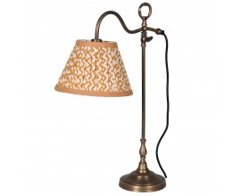 Stylová stolní lampa Cuenca s vintage mosaznou konstrukcí z kovu a hnědo-bílým vzorovaným stínítkem