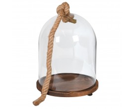 Stylový vintage skleněný zvon Rene s dřevěnou kulatou podstavou a designovým provázkem 47cm