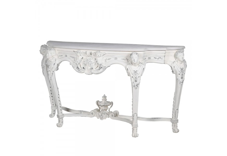Luxusní barokní konzolový stolek Selin v bílé barvě s vintage nádechem