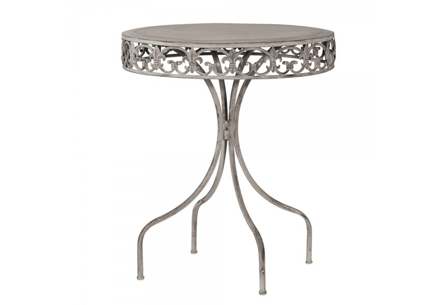 Vintage kulatý stůl Elin z kovu v šedé barvě s ornamenty po okrajích