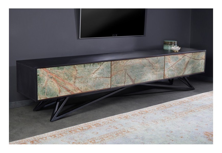 Luxusní TV stolek Elentia z masivního dřeva a kamene s úložným prostorem se třemi dvířky