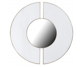 Art deco moderní kulaté zrcadlo Develly II v hnědém rámu s bílým MDF panelem rozděleným na dvě části