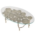 Oválný konferenční stolek Lily v art deco stylu na kovové zlaté konstrukci s oporou ve tvaru listů leknínu s odleskem