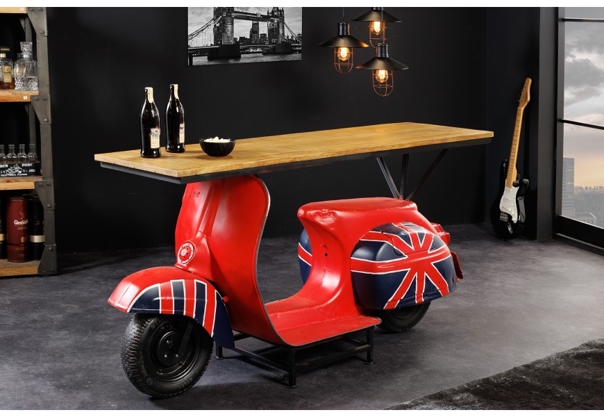 Stylový barový pult London s masivní dřevěnou deskou a podstavou ve tvaru motorky červené barvy
