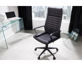 Designové otočné kancelářské křeslo Lazio s koženým černým potahem, vysokou zádovou opěrkou a kolečky v černé barvě výškově nastavitelné