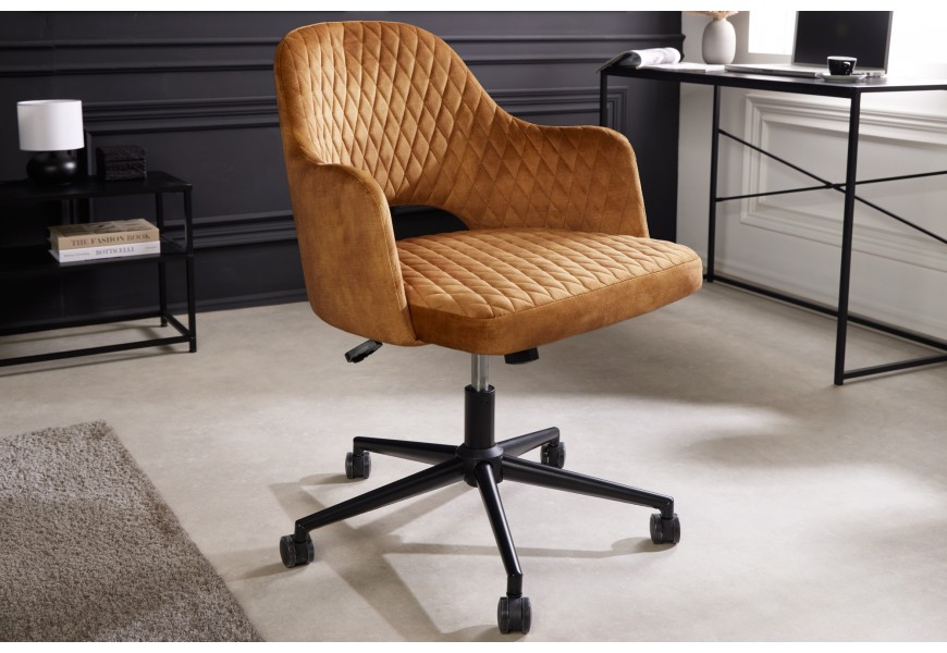 Stylová moderní kancelářská otočná židle Pedro s hořčicovým žlutým sametovým potahem s nastavitelnou výškou na kolečkách