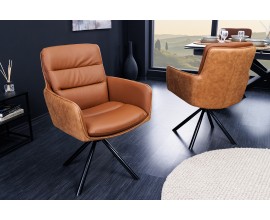 Moderní industriální otočná židle Coiro s čalouněním z pravé kůže s černými kovovými nožičkami a opěrkami koňaková hnědá, 90 cm