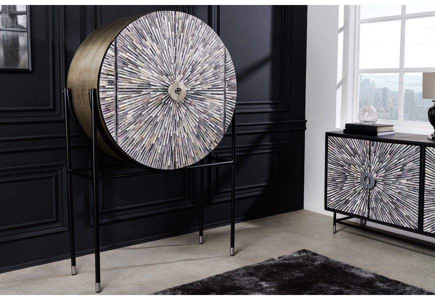Luxusní Art-deco okruhla barová skříňka Hueso se zrcadlem a mozaikou z buvolí kosti 160cm