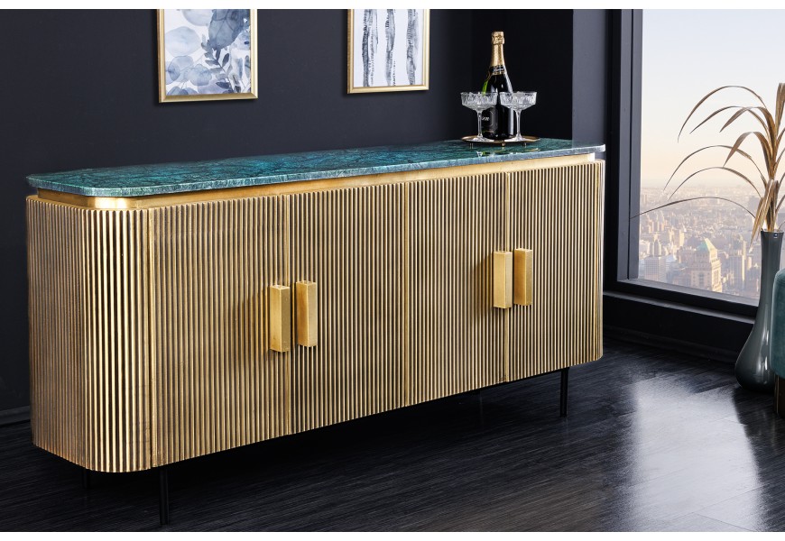 Luxusní art deco příborník Marmolla Verde s mramorovou deskou zlatý 160 cm
