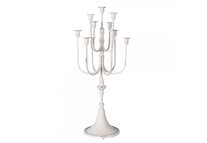 Vysoký kovový svícen Lamore v provence stylu v krémové bílé barvě s 11 rameny na svíčky uspořádanými do kruhu