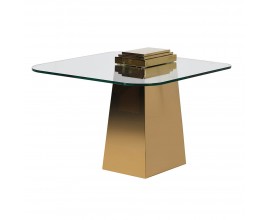 Luxusní čtvercový příruční stolek Kelly v art deco stylu se zlatou podstavou a skleněnou deskou z kaleného skla