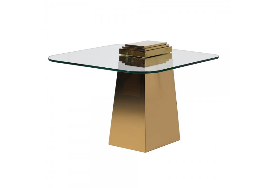 Luxusní čtvercový příruční stolek Kelly v art deco stylu se zlatou podstavou a skleněnou deskou z kaleného skla