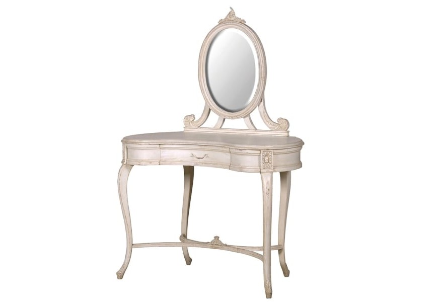 Klasický masivní toaletní stolek Campa Blanca v bílém provedení z mahagonového dřeva se zrcadlem a vyřezáváním zdobením