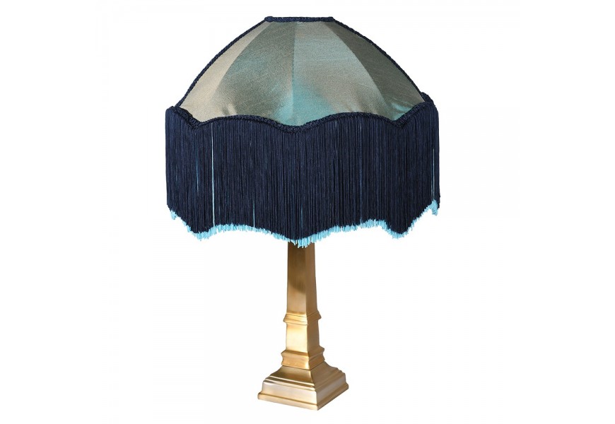 Stolní třásňová lampa Zali s viktoriánským nádechem s pávově modrým stínítkem, třásněmi a zlatou podstavou