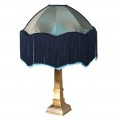 Stolní třásňová lampa Zali s viktoriánským nádechem s pávově modrým stínítkem, třásněmi a zlatou podstavou