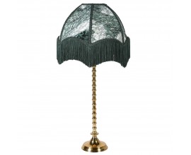 Třásňová stolní lampa Zali ve viktoriánském stylu se vzorovaným stínítkem v odstínech borové zelené a kovovou zlatou podstavou