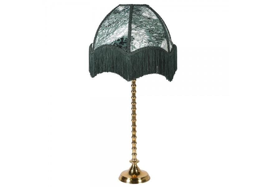 Třásňová stolní lampa Zali ve viktoriánském stylu se vzorovaným stínítkem v odstínech borové zelené a kovovou zlatou podstavou