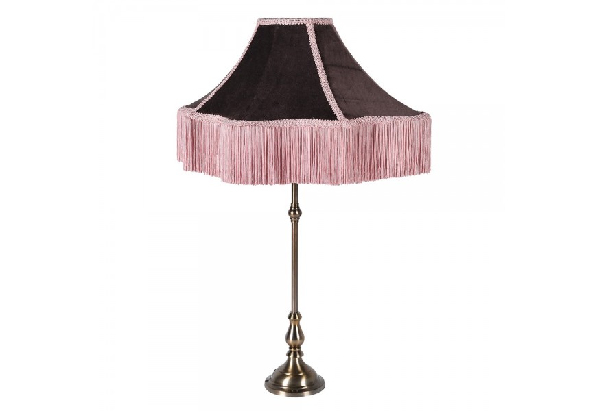 Luxusní vintage lampa Gasell se stínítkem v granátové červené barvě a pastelovými růžovými třásněmi s kovovou podstavou v bronzové barvě