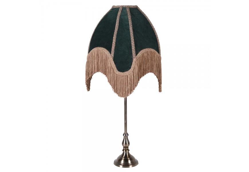 Luxusní stolní lampa Tafran ve viktoriánském stylu se stínítkem v zelené borové barvě a béžovými třásněmi