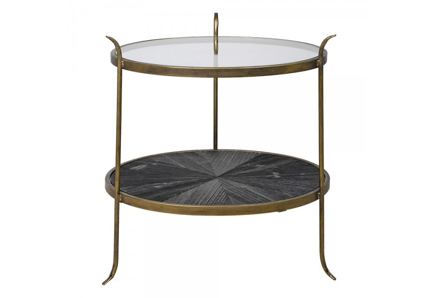 Industrialní vintage skleněný kulatý příruční stolek s designem kovu ve starozlaté barvě a borovicového dřeva 54cm