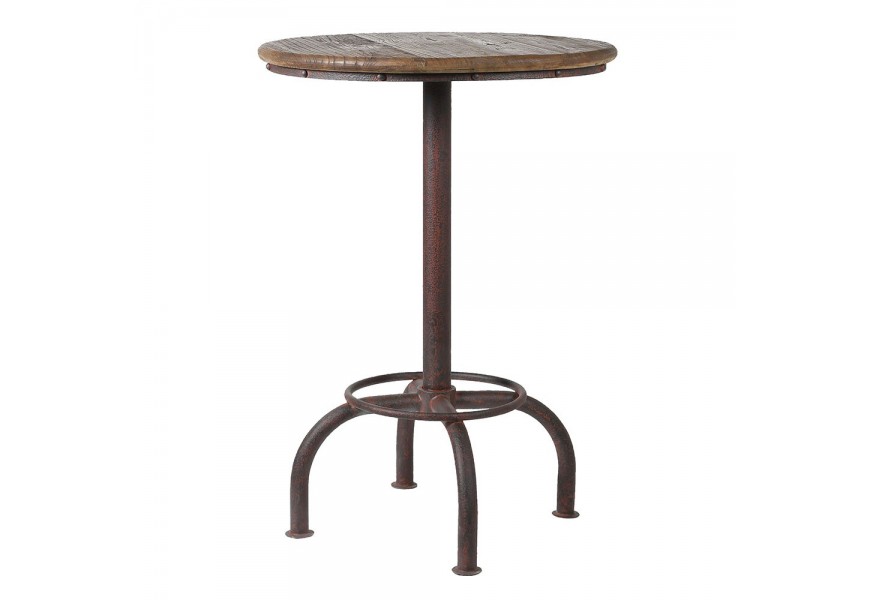 Industrialní kulatý barový stolek z breskového dřeva a překříženými kovovými nožičkami s rezavým efektem