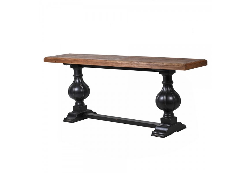 Luxusní rustikální masivní konzolový stolek s hnědou vrchní deskou s černýma vyřezávanýma nohama