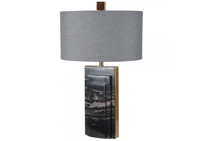 Luxusní mramorová stolní lampa Francis ve stylu art deco s podstavou z černého mramoru s mosaznými detaily s šedým lněným stínítkem
