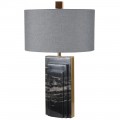 Luxusní mramorová stolní lampa Francis ve stylu art deco s podstavou z černého mramoru s mosaznými detaily s šedým lněným stínítkem