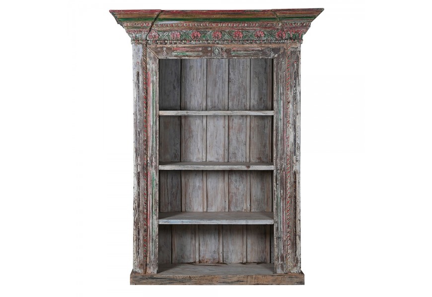 Exkluzivní orientální knihovna Viana z masivního dřeva hnědé barvy s patinou a vyřezávaným zdobením