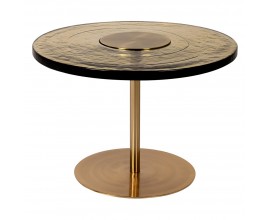 Glamour kulatý příruční stolek z kovové podstavy s jednou nozickou zlaté barvy s tlustou skleněnou povrchovou deskou