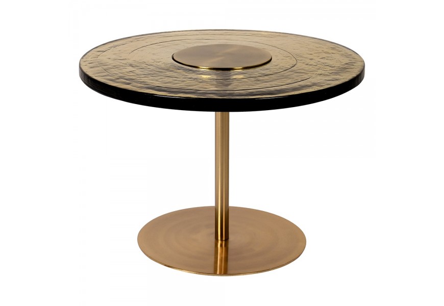 Glamour kulatý příruční stolek z kovové podstavy s jednou nozickou zlaté barvy s tlustou skleněnou povrchovou deskou
