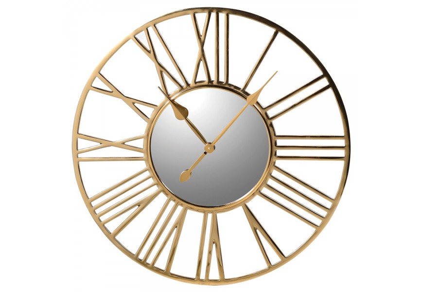 Luxusní kulaté nástěnné hodiny Astronomico v glamour stylu se zrcadlem a zlatým rámem s římskými číslicemi
