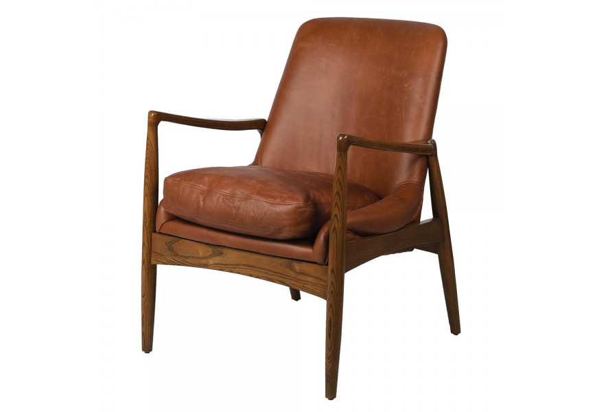 Luxusní vintage kožené křeslo Blank Space hnědé barvy s konstrukcí z jasanového dřeva 84cm