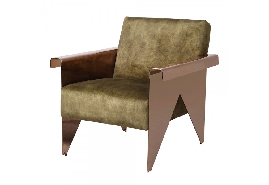 Luxusní glamour křeslo Triangulo se sametovým čalouněním v olivové zelené barvě a bronzovými designovými nožičkami a opěrkami na ruce