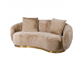 Art deco designová sedačka Venti s hnědým potahem z umělé kožešiny a zlatou podstavou 190cm