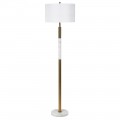 Designová art deco stojací lampa Medelin se zlatou kovovou konstrukcí, bílou mramorovou podstavou a bílým stínítkem